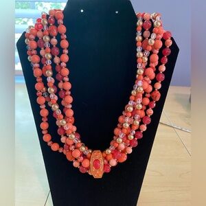 Vintage Joan Rivers Three-Strand Coral Necklace with Gold-tone Enamel Clasp